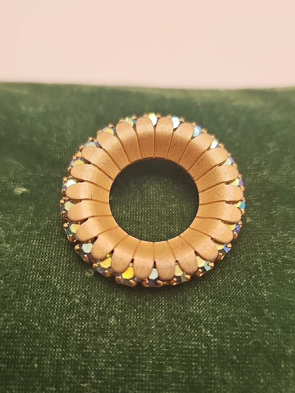 Vintage Matte Bronze Round Crystal-Trim Pendant, A.B. Rhinstones.